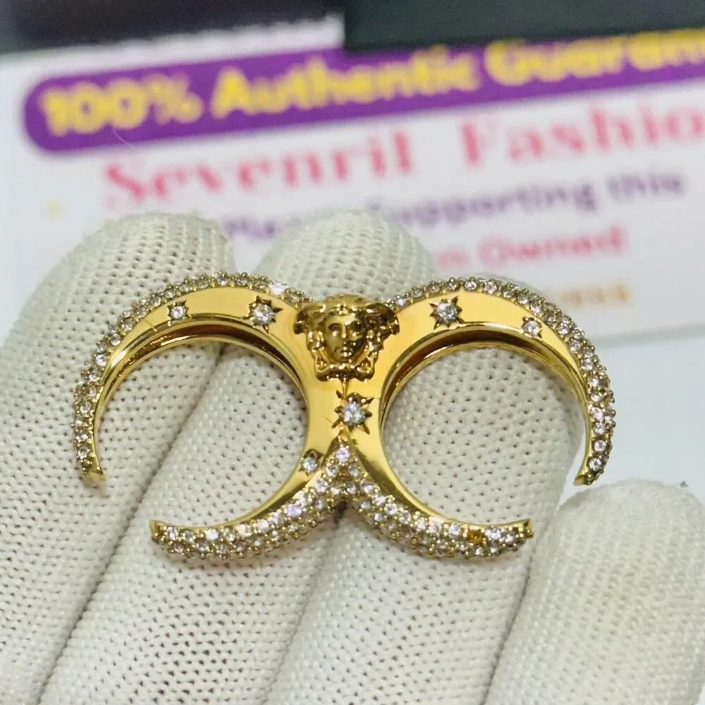 Versace Galaxy Medusa Crystal Engraved Cuff Double Ring Gold Tone Sz L NWT $525